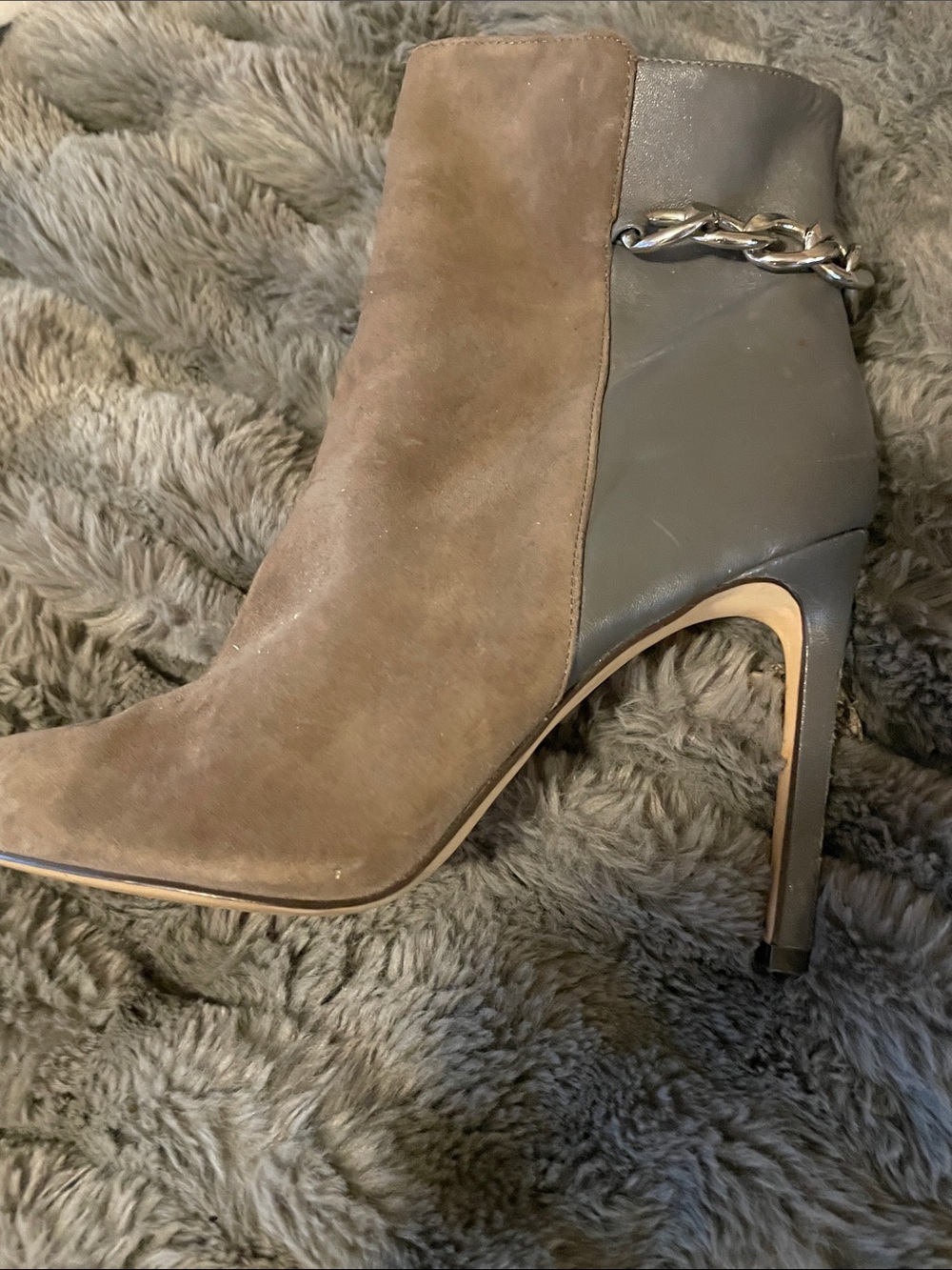 Nine West Taupe and Dark Gray Suede Leather Ankle Boot with Chain Accent